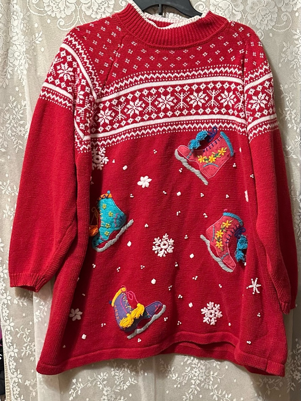 Victoria Jones Woman Red Crewneck Sweater with Colorful Ice Skate Embroidery